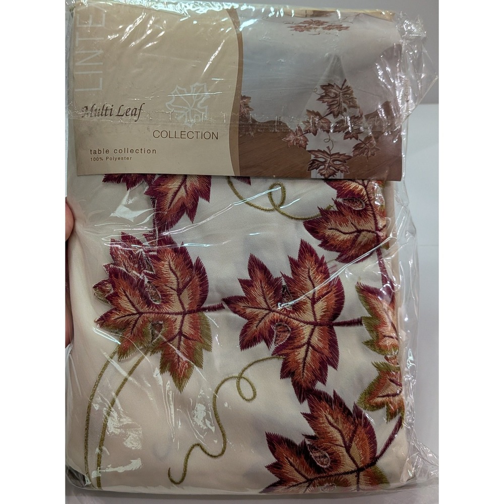 Lintex Tablecloth Multi Leaf 60x104 Cream Rust New Fall Thanksgiving Embroidered